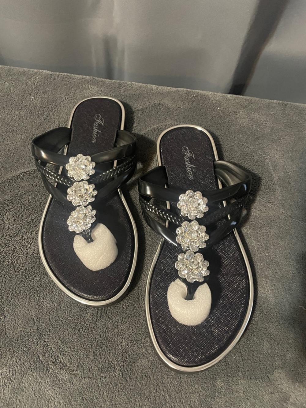 Black Jeweled Thong Sandals with Crystal Flower Accents